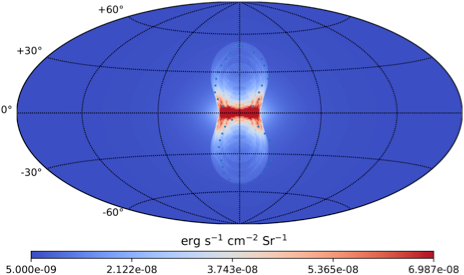 图3：Zhang＆Guo（2020）新模型预言的X射线1.5 keV波段的表面亮度图。虚线表示伽马射线太空望远镜观测到的费米气泡轮廓。