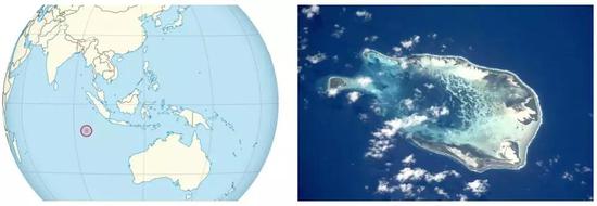 左：科科斯（基林）群岛（Cocos （Keeling） Islands）在地球上的位置，by TUBS；右：科科斯（基林）群岛卫星照片