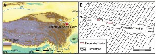 白石崖遗址位于青藏高原东北方边缘，右图为发掘的探方位置。