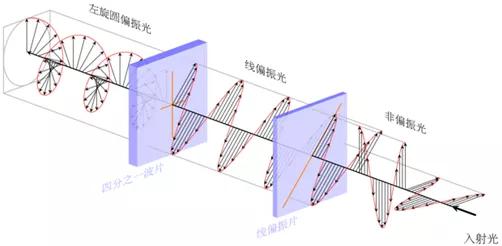 图3、（上）电磁波传播示意图。（下）非偏振的入射光经过线偏振片后成为线偏振光，再次经过四分之一波片之后变成（从接收端看）左旋圆偏振光。