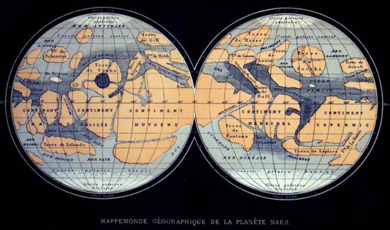 1884年法国天文学家弗拉马利翁出版的火星地图，当年的“小布丁（a）”被命名为“子午线湾（Sinus Meridiani）”，当代命名沿用了这个叫法，称作“子午线平原（Terra Meridiani）”。