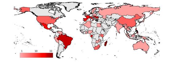 圖4。 不同種屬蝙蝠的分布范圍，顏色越深表示分布越多（Bat Flies and Their Microparasites： Current Knowledge and Distribution）[6]