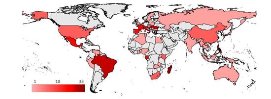 图4。 不同种属蝙蝠的分布范围，颜色越深表示分布越多（Bat Flies and Their Microparasites： Current Knowledge and Distribution）[6]