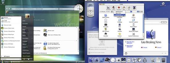 微软的WindowsAero(左)与苹果的Aqua(右)界面。图片来源:维基百科。