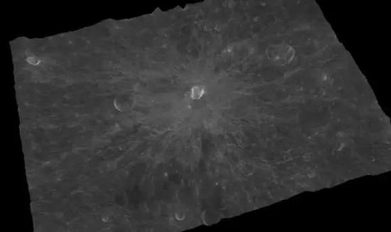 伯朱斯坑（CraterByrgius）中心地理坐标：24.7°S，65.3°W，直径：87km 上图为影像图，下图为三维影像图