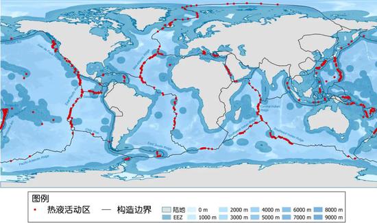 全球海底热液活动区的大致分布图。| 图片来源：Wikicommons