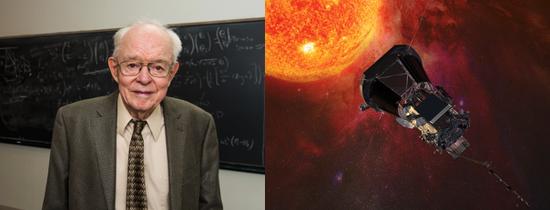 图1。 左：美国太阳物理学家尤金·帕克（1927.06.10~2022.03.15）晚年工作照；右：美国NASA以帕克命名的帕克号太阳探测器示意图（图源：网络）