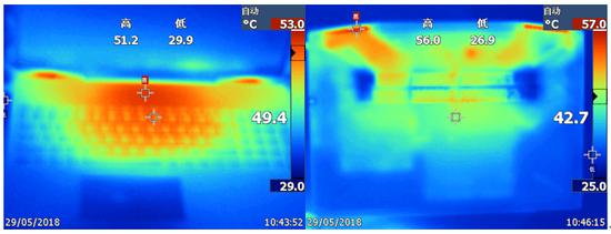 ▲左：键盘面温度最高为512°；右：D面最高温度为56°