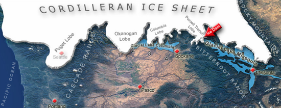 科迪勒拉冰盖走向及冰川屏障所在的位置（来源：NASA base image）