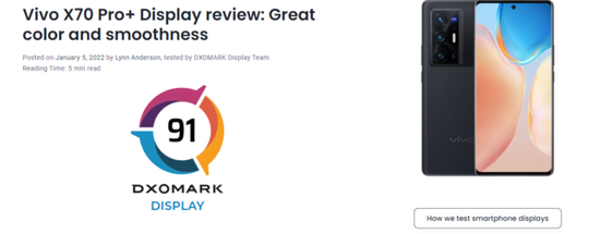 CNMO|稳居前列!DXOMARK公布vivo X70 Pro+的屏幕得分
