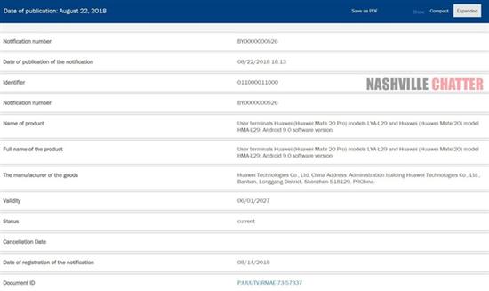华为Mate 20/Mate 20 Pro获EEC认证 均采用安卓9.0系统