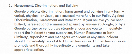 谷歌行为准则中对性骚扰、歧视和霸凌行为的明确规定。图片来源：谷歌