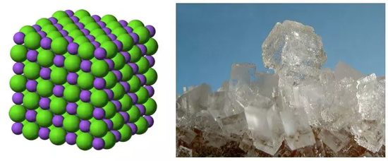 (左)NaCl的立体组织模型,绿色为氯原子,紫色为钠原子。(右)NaCl晶体(食盐)。| 图片来源:Benjah-bmm27 & W.J.Pilsak