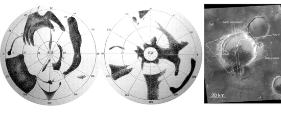 尔在1840年发布的首张火星全球地图；（右）直径约500米的艾利-0撞击坑，位于直径40千米的艾利撞击坑内部。来源：MGS MOC [3]