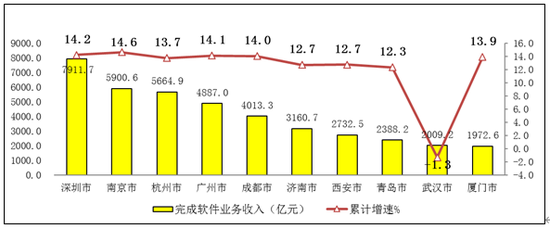 图9 2020年前十位中心城市软件业务收入增长情况