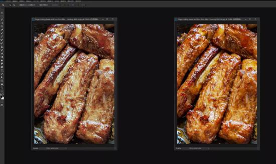 左侧为实际拍到的图片，右边是人为拉高了饱和度的图片，明显右边的排骨更诱人来源 