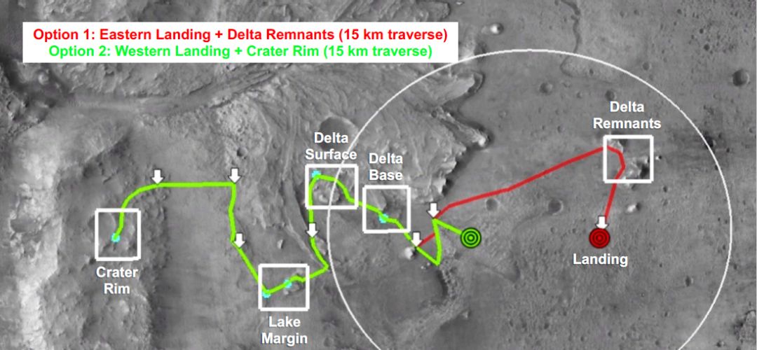 Mars 2020火星车目前的2条规划路线 