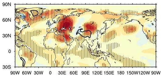  图2 和丝绸之路遥相关有关的夏季温度异常。红（蓝）色表示高（低）温异常，竖线表示温度异常显著的区域，加粗的黑色实线表示地形高于2400米。