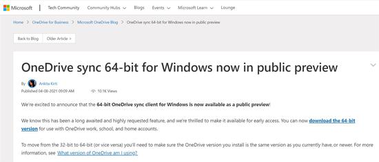 时隔7年，微软Windows版OneDrive终于发布64位版本