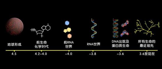 生命起源和早期进化的大致“时间轴”（横轴时间单位：十亿年）。| 图片设计：雯雯子；参考来源：《进化》