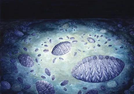加拿大纽芬兰岛化石复原图：大约5.6亿年前，名为 “Fractofusus” 的生物生活在海底。来源：Dr Charlotte G。 Kenchington