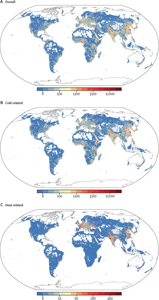 （A）年度总超额死亡人数，（B）与寒冷相关的年度超额死亡人数，（C）与炎热相关的年度超额死亡人数。