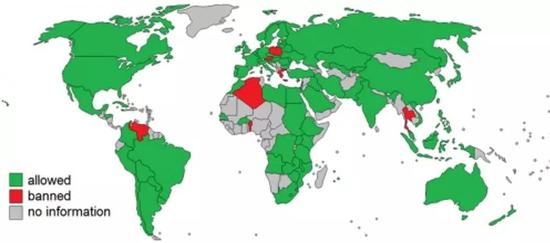 图5 上图绿色为允许利用转基因产品生产或销售的国家和地区，红色为禁止的国家和地区，灰色区域无相关信息
