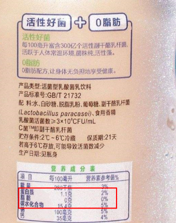 乳酸菌饮品配料表及营养标签来源丨知乎