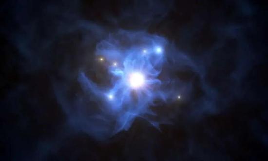 图 | 数个星系同时被一个超大质量黑洞捕获的艺术想象图，这是天文学家们首次观测到这种景象，来源：ESO/L. Calçada