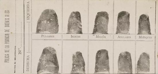 1892年阿根廷凶杀犯 Francisca Rojas 的指纹（图片来源：onin.com）
