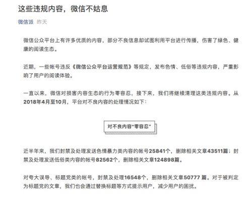 微信:近半年辟謠文章7萬篇 封禁16548個標題黨類帳號