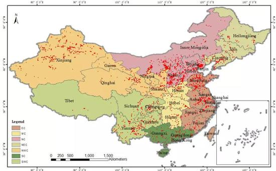 2012-2017年间中国区4145个重工业区域分布图