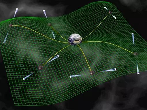 脉冲星计时阵列示意图。绿色网格代表受引力波影响而抖动的时空。