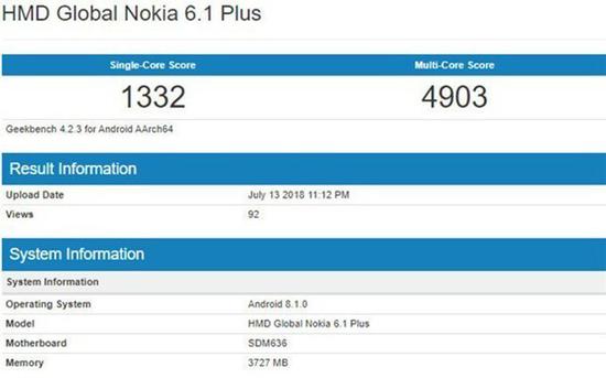 诺基亚6.1 Plus跑分数据
