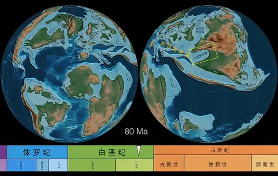 白垩纪晚期的古地理格局| 8000万年前,海水曾自西向东侵入塔里木盆地。Ma表示百万年。图源@Christopher Scotese,截取自文献