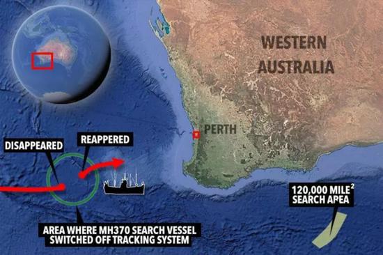 图为MH370搜索船消失的位置。（图片来源：英国《太阳报》）