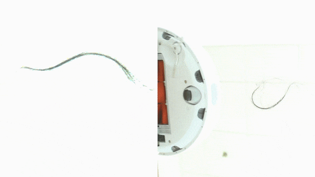 清洁头发测试：左侧科沃斯DJ35，右侧米家