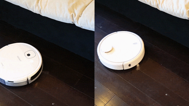 低矮区域清洁测试：左侧科沃斯DJ35，右侧米家