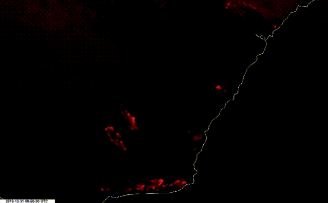 卫星图像显示维多利亚州和新南威尔士州的火灾情况。（图片来源：RAMMB/CIRA/CSU）
