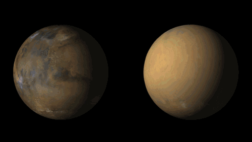 火星上发生沙尘暴前后的对比动画，图左是沙尘暴前，图右是沙尘暴时（2018年7月）