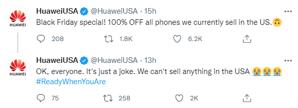 华为Twitter调侃美国黑色星期五：所有美国在售手机享100%折扣