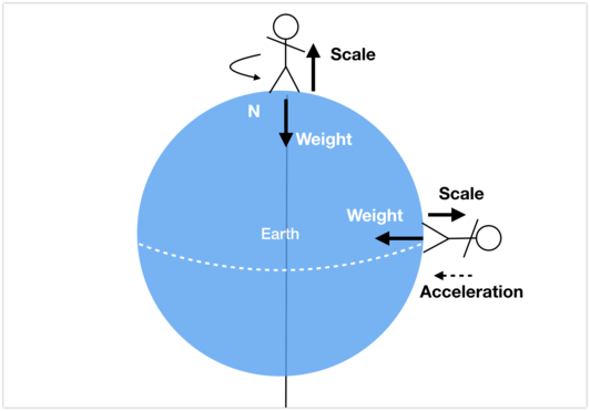 事实上，相同体重的两个人分别位于赤道和北极，他们在体重秤上体现的重量数值是不一样的，在赤道地区会产生一个加速度，通常体重会略轻一些。