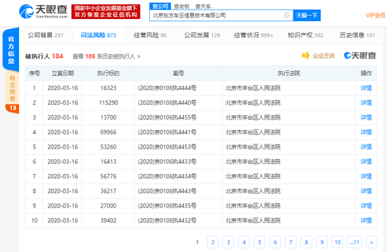 易到用车新增11条被执行人信息，累计执行标的为542020(元)