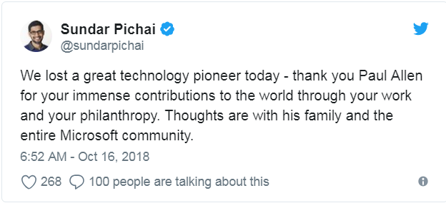谷歌CEO Sundar Pichai在Twitter上发文悼念保罗·艾伦