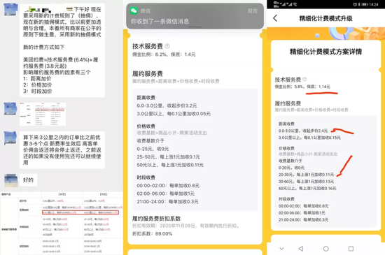 图/商家提供的美团外卖各地区新佣金标准，从左至右依次为：北京、上海、厦门