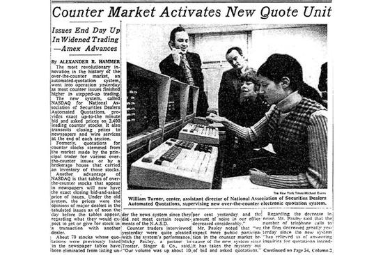 1971年2月9日，《纽约时报》一篇文章报道了前一天纳斯达克交易所开业的情况。图片来源：纳斯达克