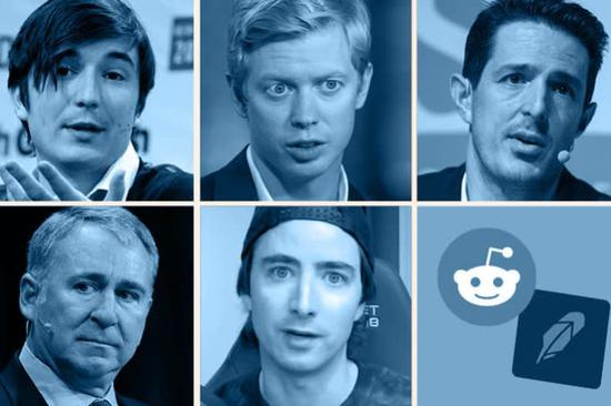 从左上角开始顺时针方向依次为Robinhood CEO 弗拉德·特内夫（Vlad Tenev），Reddit CEO史蒂夫·霍夫曼（Steve Huffman），梅尔文资产管理公司CEO加布里埃尔·普洛特金（Gabriel Plotkin），论坛大哥基思·吉尔（Keith Gill），以及Citadel CEO肯·格里芬（Ken Griffin）。（图片来源：Getty Images）
