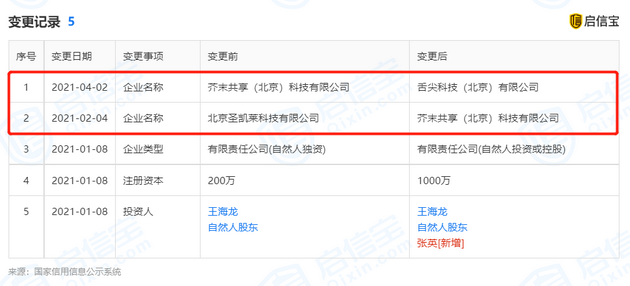 舌尖科技企业信息变更记录〡启信宝