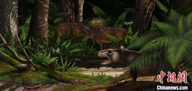 根据“九佛堂传夔兽”化石标本绘制的生态复原图。　陈瑜 绘制 摄