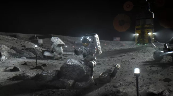 在月球上行走的宇航员（想象图）。美国国家航空航天局阿尔忒弥斯计划将争取在2024年重返月球